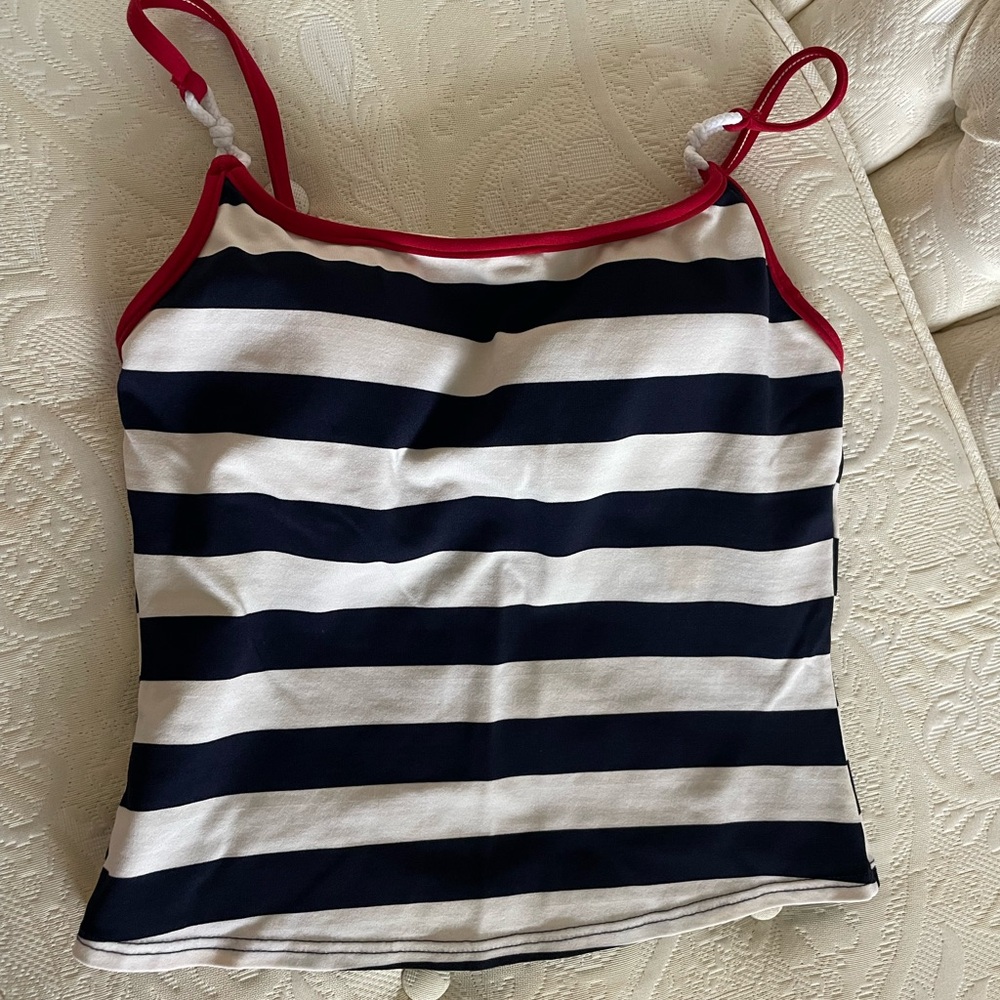 Navy Striped Tankini with Red Trim
